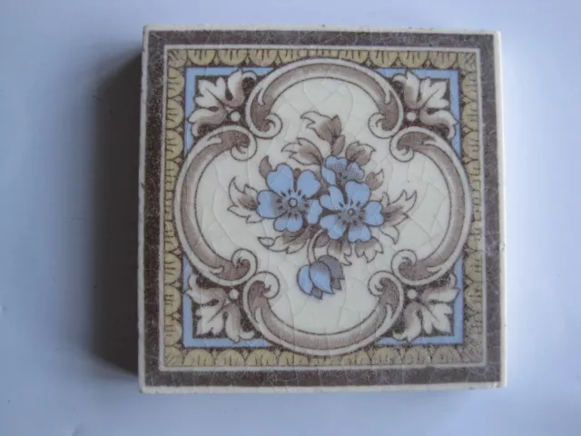 Antique Victorian Mintons 3" Sq. Blue Floral Transfer Print Glazed Tile