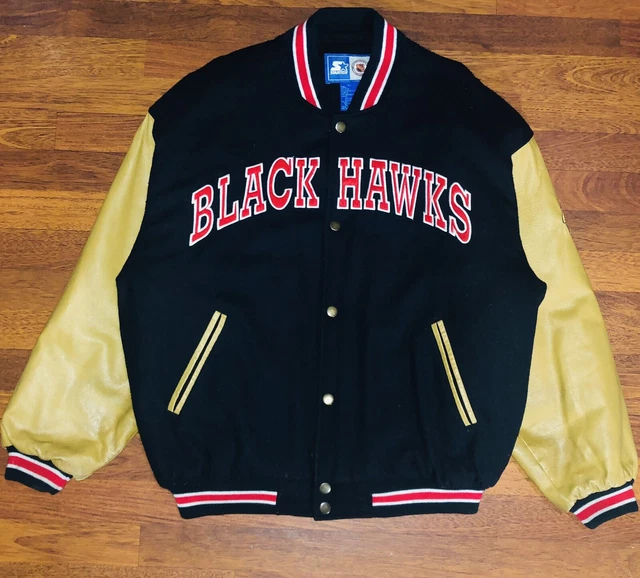 VTG 90s Starter Chicago Blackhawks Wool Leather Letterman Varsity Bomber Jacket VTG 90s Starter Chicago Blackhawks Wool Leather Letterman Varsity Bomber Jacket