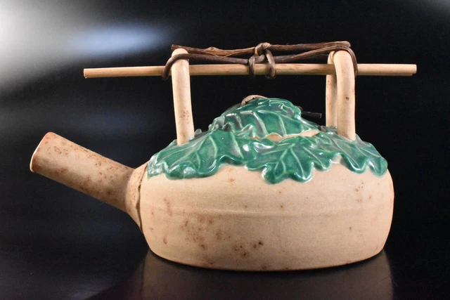M2863: Japanese Old Banko-ware Green glaze Shapely TEAPOT Kyusu Sencha