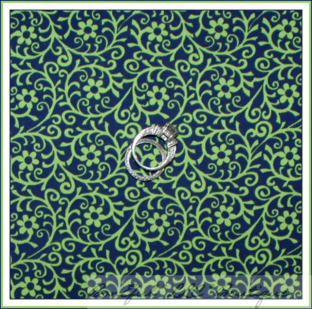 BonEful Fabric Cotton Quilt Dark Blue Leaf Green Flower IRISH Swirl Print SCRAP