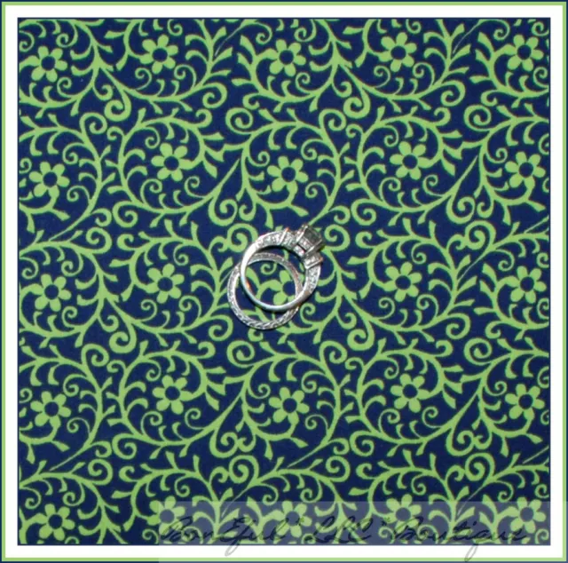 BonEful Fabric Cotton Quilt Dark Blue Leaf Green Flower IRISH Swirl Print SCRAP