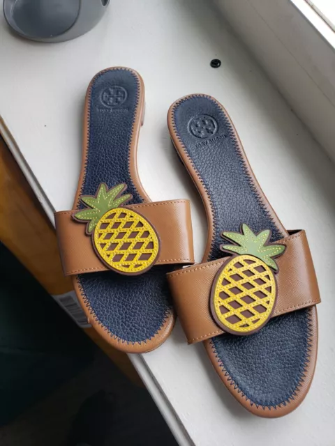 Tory Burch Shoes Pineapple Sandals Blue and Tan Flats, Slip On Leather Slides 9.