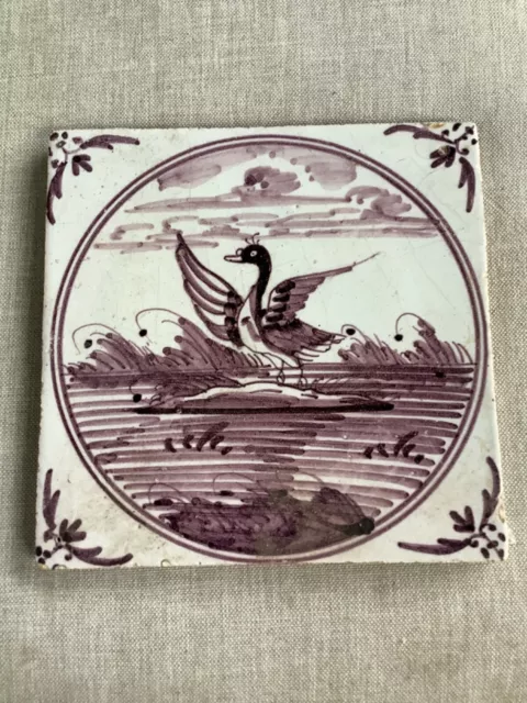 2 rare Antique 18th Century Manganese Delft Bird  Scene Tile
