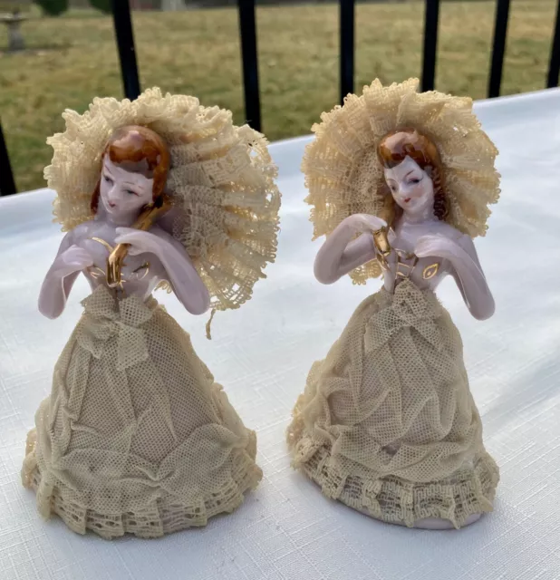 Vintage Porcelain Ladies with Parasols Lace Decorated Gold Gilt Lady Figurine 5”