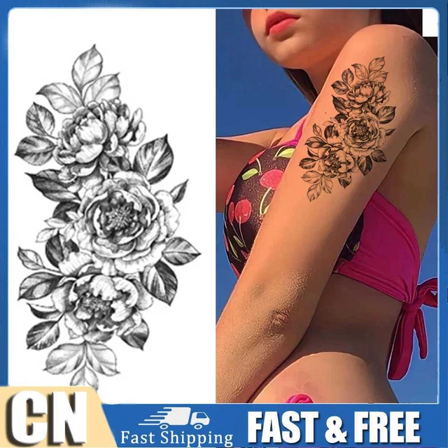 Adesivo Tatuaggio Corpo Fiore Nero Braccio 3D Tatuaggio Fiore Rosa per Uomo Donna Adulti