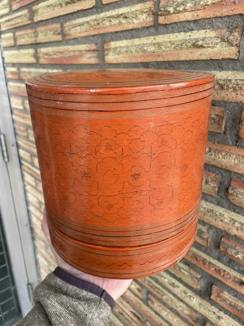 Burmese Asian Red Lacquer Hand Painted Betel Box RARE ANTIQUE