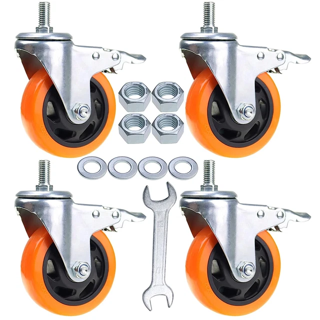 4Pcs Stem Casters Heavy Duty Swivel Threaded Stem Wheels 1/2''13X1'' with Brakes