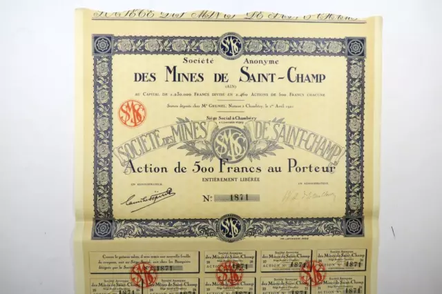 Societe Des Mines De Saint Champ Action De 100 Francs Chambery 1921 + Coupons