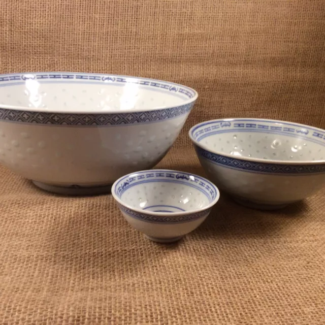 Rice Eye Dragon Blue White Porcelain Asian Serving & Noodle Bowl, & Tea Cup 3 Pc