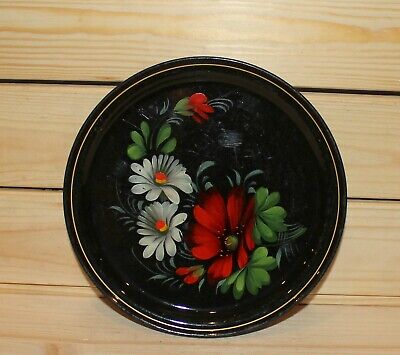 Vintage Russian hand painted floral metal round tole dish