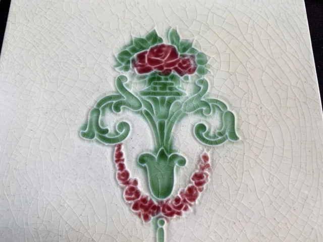 5 antique English Art Nouveau tiles 2 T & R Boote, 3 unknown mfg, all tubelined 10