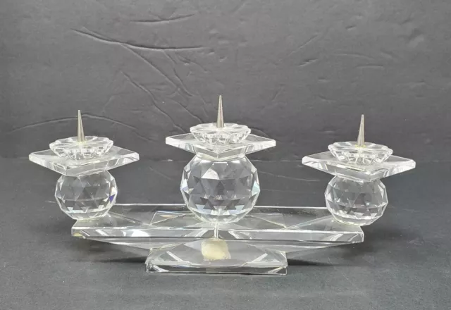 Vintage Swarovski Crystal Candle Holder 1980s Faceted 3 Pin Candelabra Signed EC 2