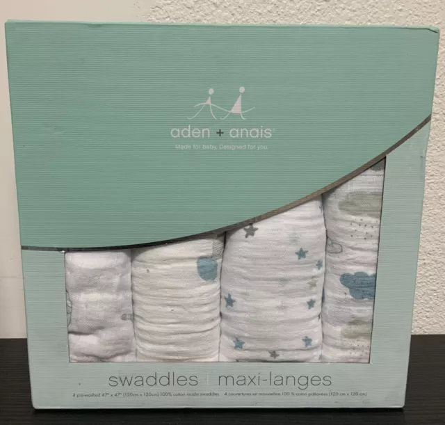🌤️ Aden Anais Classic Cotton Muslin Baby Swaddles Night Sky Reverie 4 Pack🆕