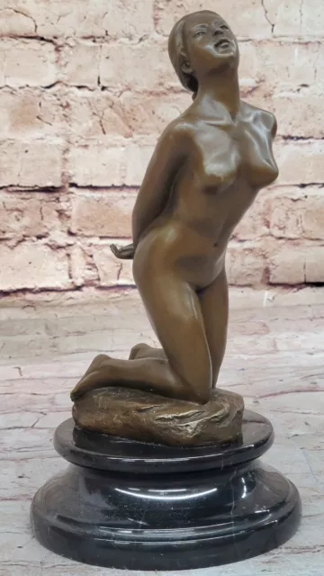 Art Deco Nude Girl Female Classic Bronze Sculpture Figurine Marble Base Statue