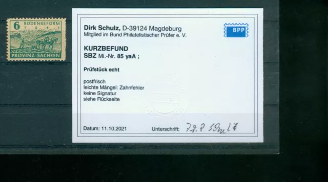 SBZ Prov. Sachsen Mi. Nr. 85 ya A postfrisch, BPP mit K. Befund (leichte Mäng.)