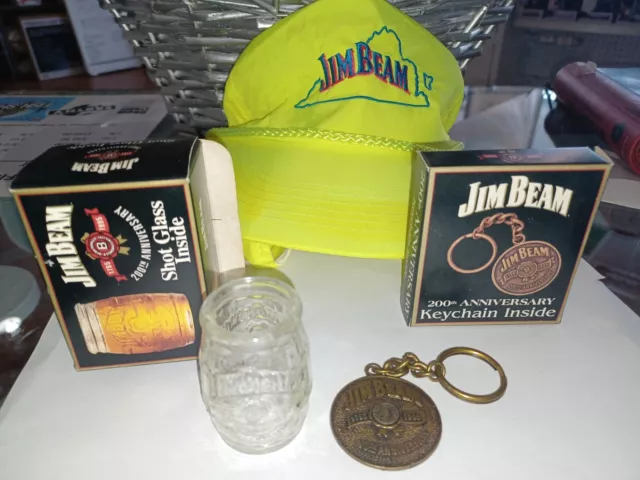 Jim Beam 1795-1995 200th Anniversary whiskey barrel shot glass key chain and hat