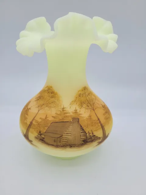 Vintage Fenton Ruffled Uranium Custard Burmese Glass Vase Hand Painted Signed