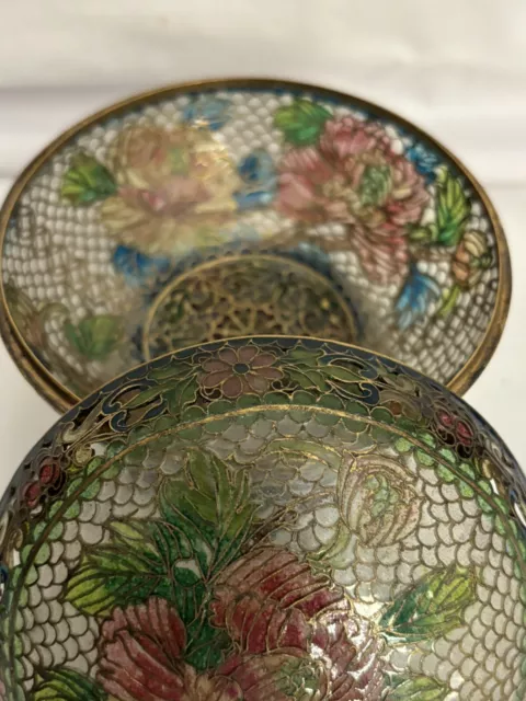 Vintage Chinese Cloisonné Bowl With Lid Plique A Jour Floral Enamel Translucent