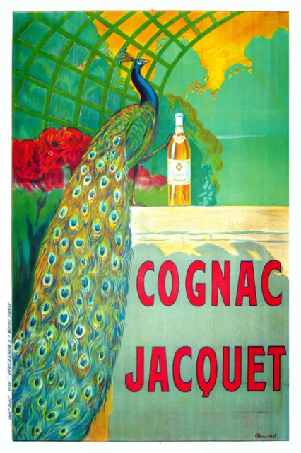vintage print poster green art deco COGNAC JACQUET painting peacock bird