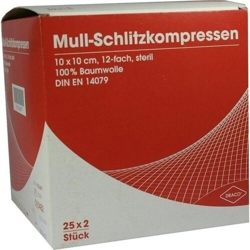 SCHLITZKOMPRESSEN Mull 10x10 cm steril 12fach, 50 St PZN 07574477