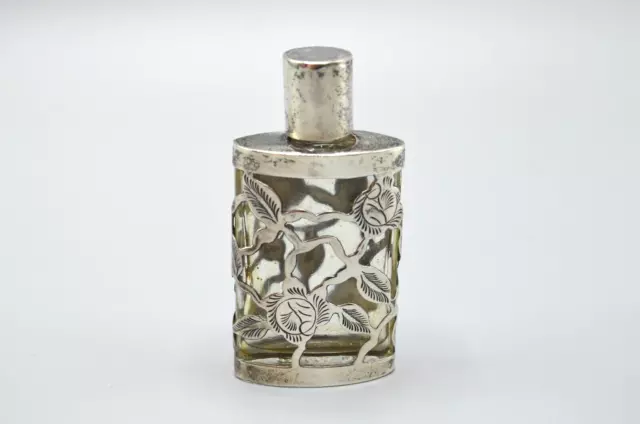 Mexican Silver Overlay Perfume Snuff Bottle Sterling 925 Taxco Etched Flowers