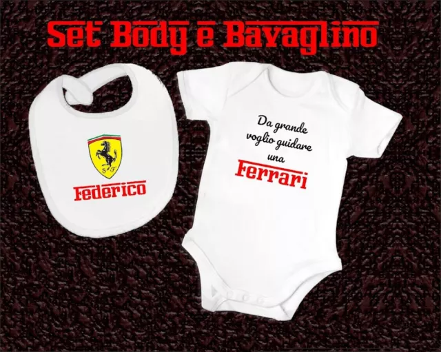 Completino Body Bavaglino Ferrari Neonato Da 6-24 Mesi Personalizzato Con Nome