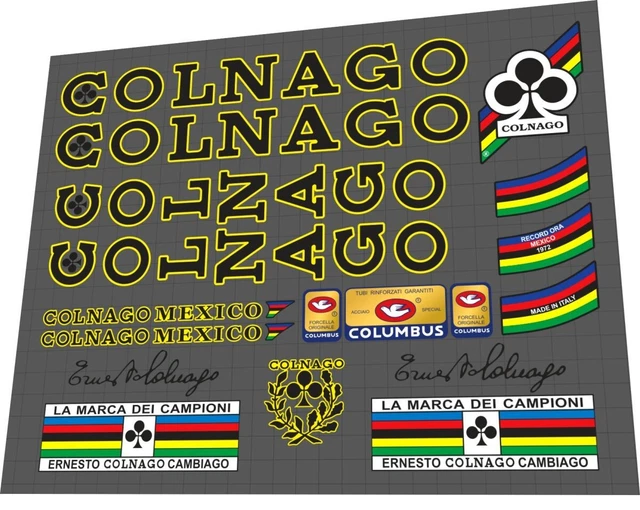 Décalcomanies COLNAGO SUPER FRAME - Autocollants Pour Cadre Vélo - Contour Jaune - Neufs