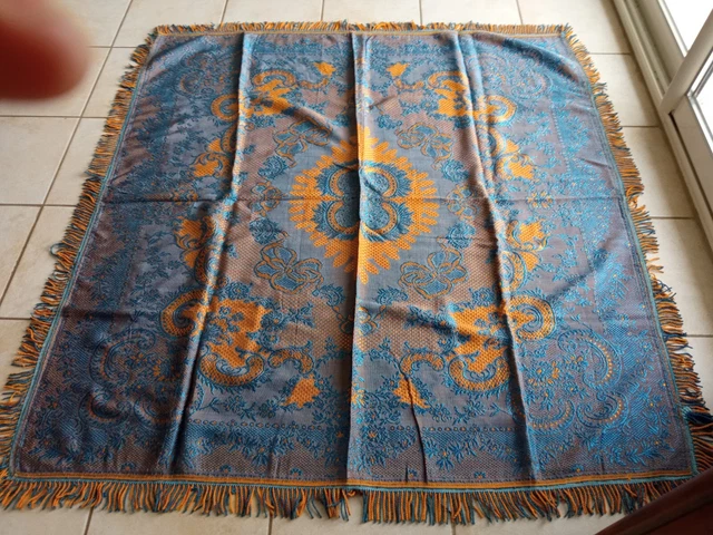 Tapis De Table Ancien En Soie D'Alger - Début XXe (1930) - Motif Ethnique - Ocre, Bordeaux, Bleu