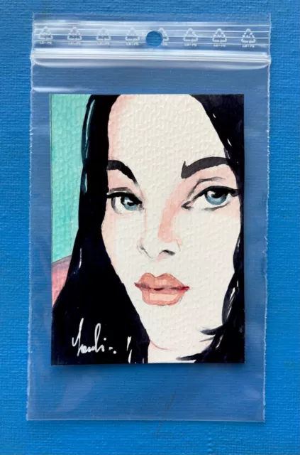 Portrait of Brunette Woman with Blue Eyes Aceo Card Original Watercolor Painting 2