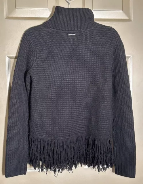 MICHAEL KORS Black Fringed Merino Wool & Cashmere Turtleneck Sweater Sz M 2