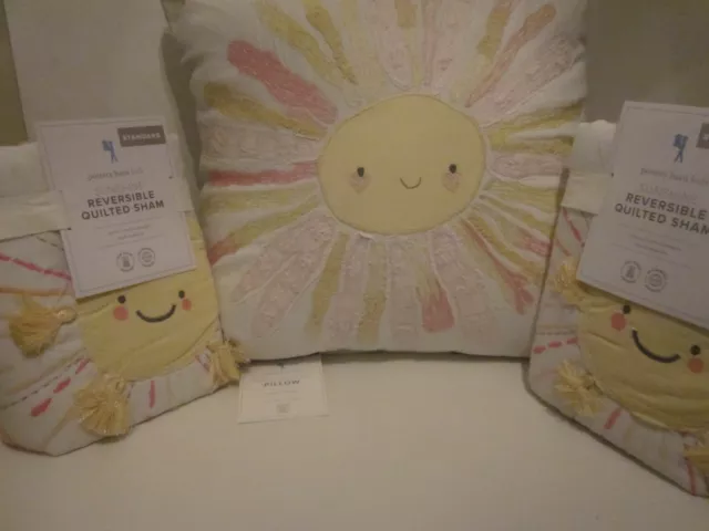 S/3 Pottery Barn Kid Sunshine Shams & Watercolor Embroidered Smiling Sun Pillow