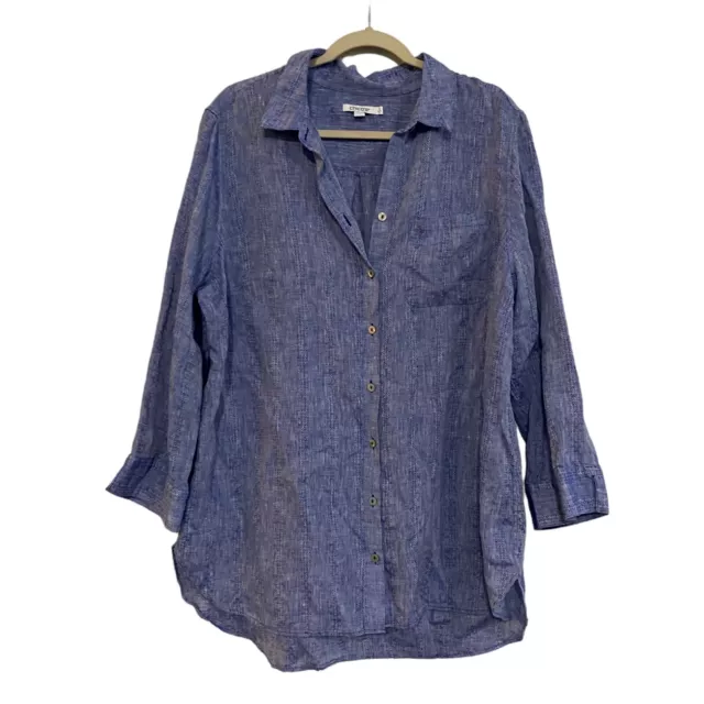 Chicos Button Up Linen Shirt Blue Size 16 3/4 Sleeve Collared Pocket Tunic