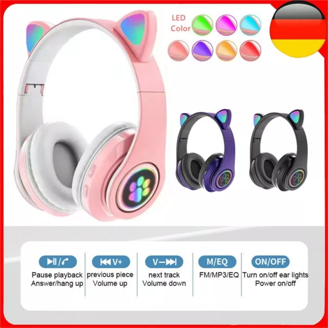 Kabellos,Kopfhörer Bluetoot 5.0 Katze Ohr LED-Licht Für-Kinder Faltbare Headset*