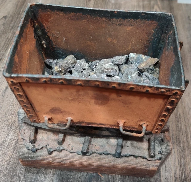 Vtg Metal Mine Ore Car Cart Model On Railroad Track Wooden Base With Ore Signed