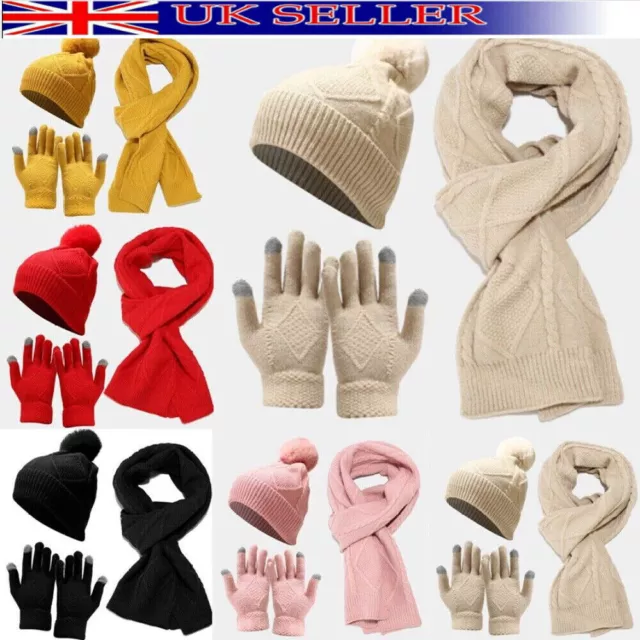 Womens Ladies Thick Knit Hat Scarf and Touchscreen Gloves Set Knitted Winter New