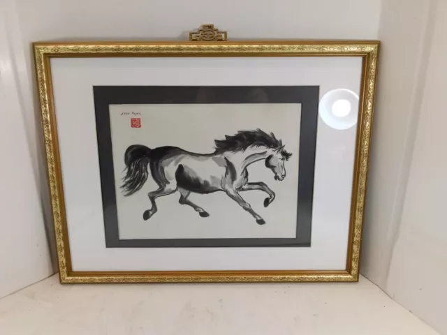Vintage Chinese Japanese Watercolor Ink Brush Painting Horse Signed Framed