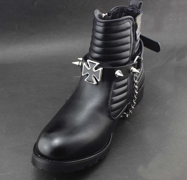 New Men Women Western Cowboy Iron Cross Sipke Boot Chain Black Leather Strap