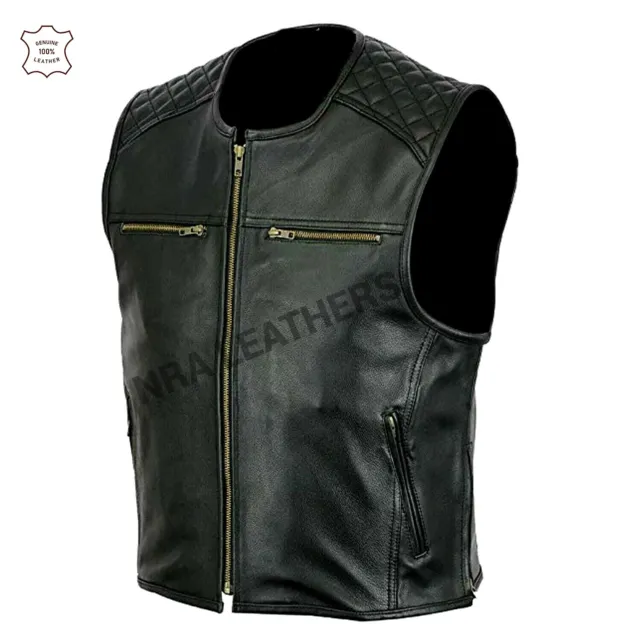 Men's Real Leather 100% Genuine Biker Style Motorcycle Waistcoat Black Vest Size