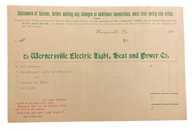 c1900 Wernersville PA Electric Heat Power Co Receipt Letterhead Stationery A1