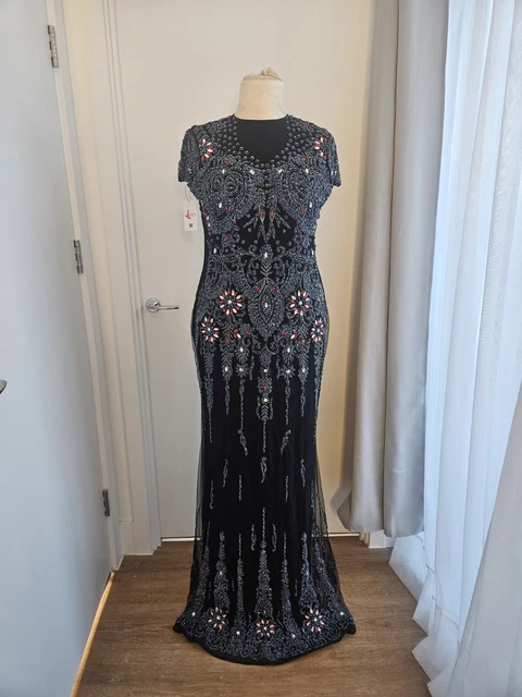 BLACK EMBELLISHED BEADED And Crystal Long Evening dress size 16