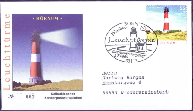 BRD 2008: Leuchtturm Hörnum FDC der selbstklebenden Nr. 2682! Gelaufen! 24-02