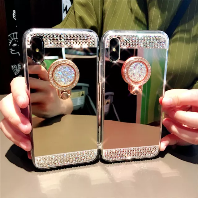 Mirror Luxury DIY Bling Diamond Crystal Ring Holder Stand Soft Case Phone Cover