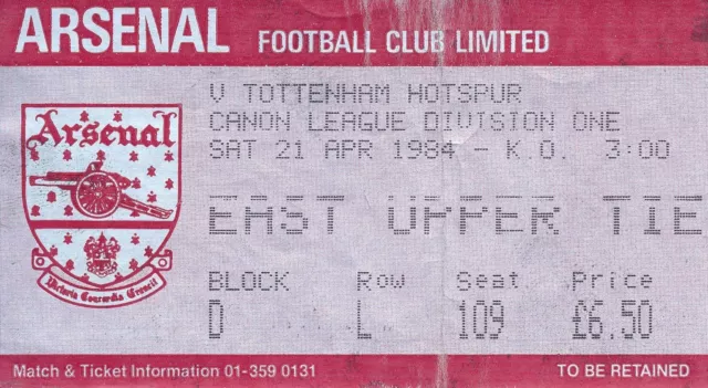 TICKET: Arsenal v Tottenham 1983/1984