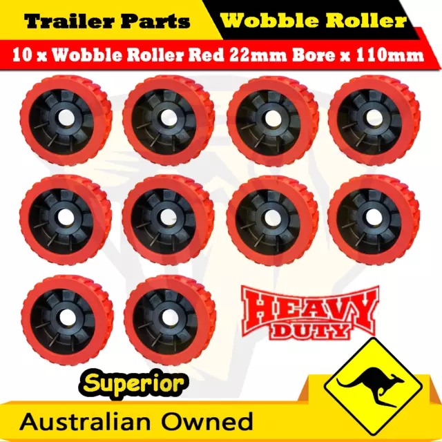 10x BOAT TRAILER WOBBLE ROLLERS. 3" RED RIBBED 22mm Bore. Soft Wobble Roller