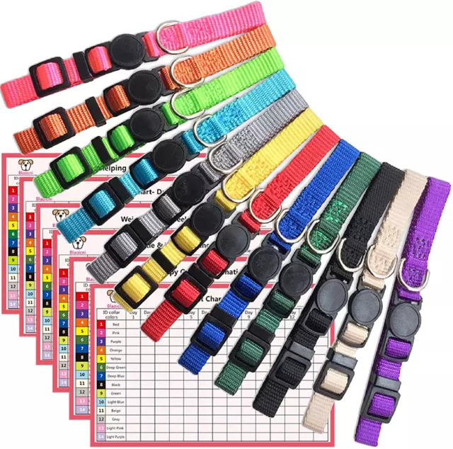 12 Pcs/Set Soft Nylon Puppy ID Collar Adjustable Whelping Breakaway Litter New