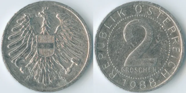 Austria 1988 2 Groschen KM# 2876 Al-Mg Second Republic Coat of Arms Eagle Value
