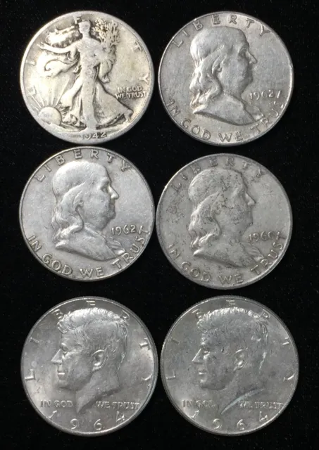 Mixed Lot Of 6 ~ 90% Silver Half Dollars 6 Coins $3 Face #1