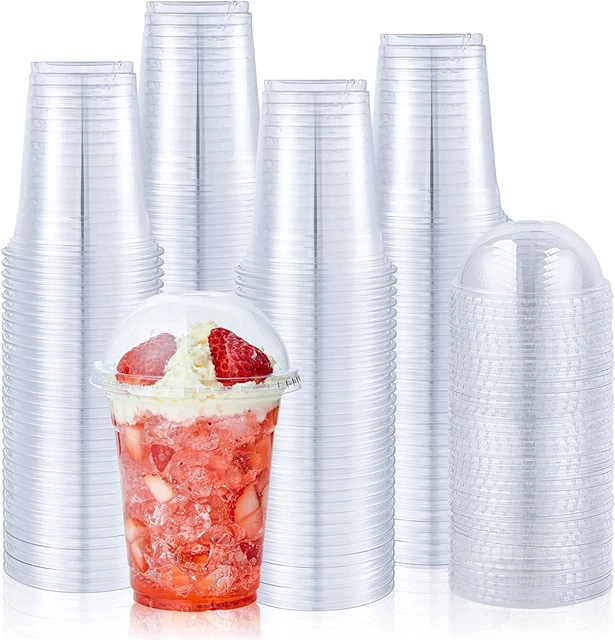 100 SET 12 Oz Clear Plastic Cups with Dome Lids Disposable Plastic