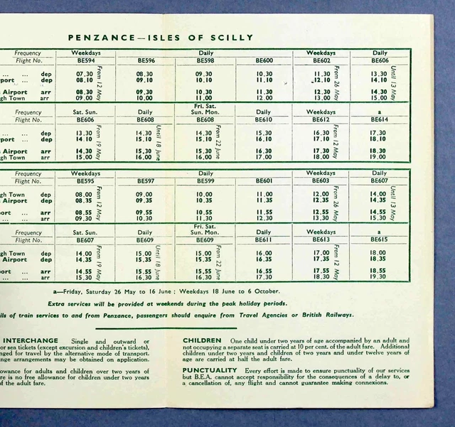 BEA BRITISH EUROPEAN Airways Isles Of Scilly Airline Timetable Summer
