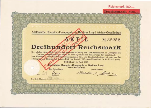 Schlesische Dampfer Compagnie - Berliner Lloyd AG - Aktie  300 RM, Breslau 1925